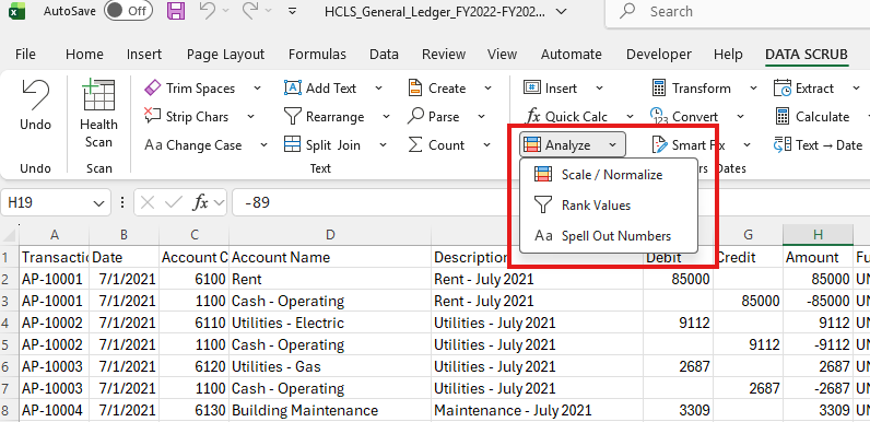 Analyze dropdown showing Scale/Normalize, Rank Values, and Spell Out Numbers options