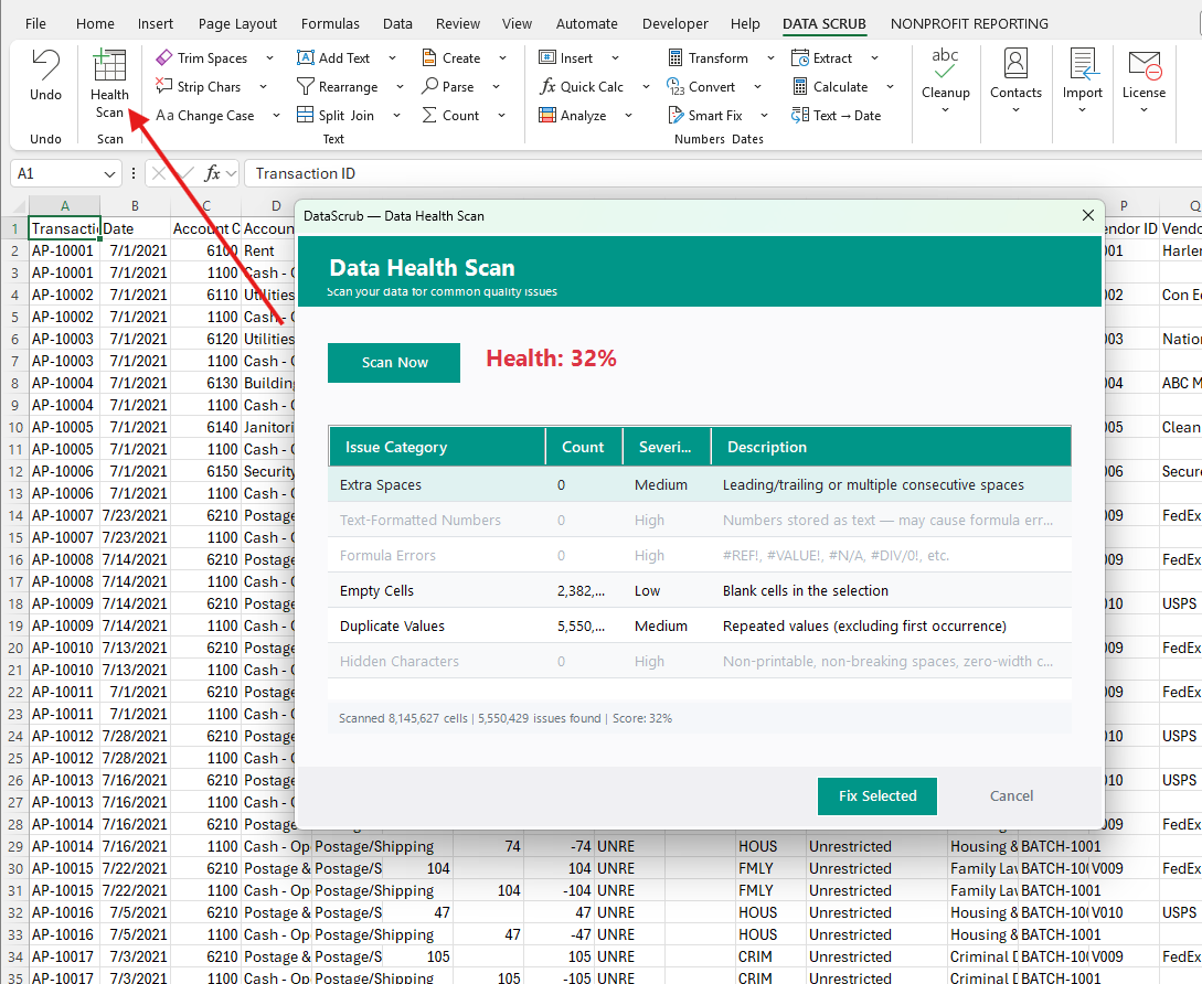 Data Health Scan dialog showing scan results with issue categories, counts, severity, and descriptions