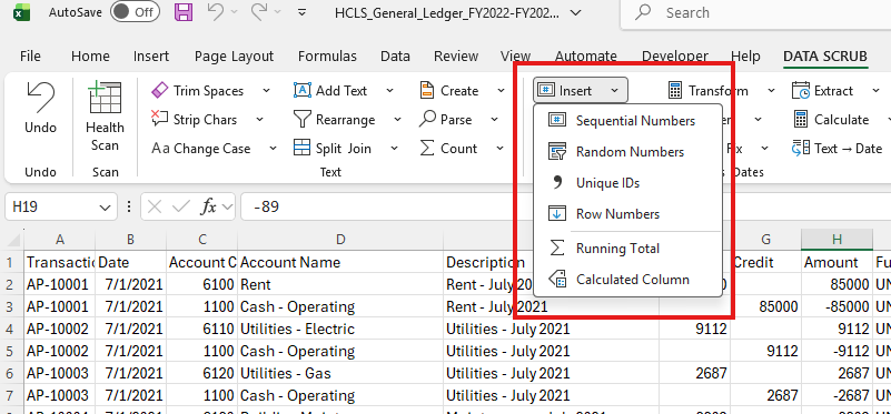 Insert dropdown showing Sequential Numbers, Random Numbers, Unique IDs, Row Numbers, Running Total, and Calculated Column
