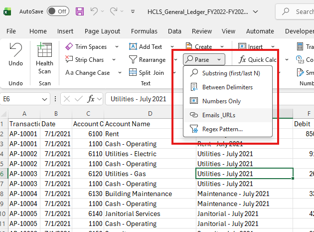 Parse dropdown showing 5 extraction options: Substring, Between Delimiters, Numbers Only, Emails/URLs, Regex Pattern