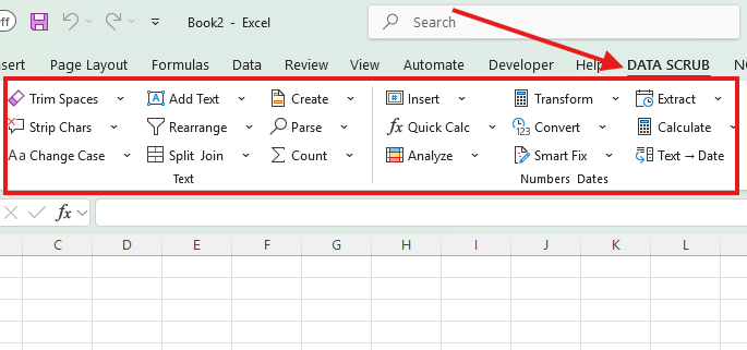 DataScrub ribbon tab in Excel