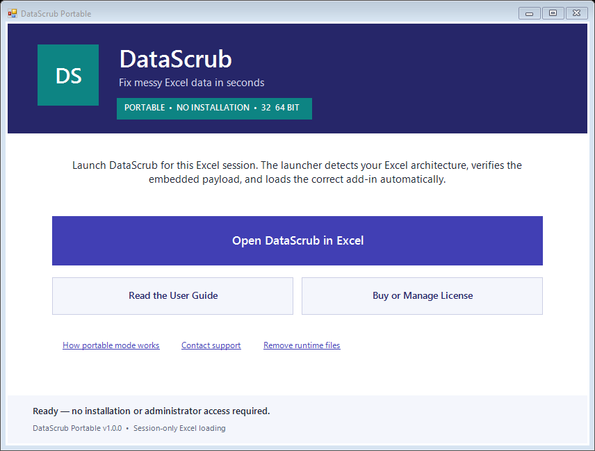 Portable DataScrub launcher with Open in Excel and User Guide buttons