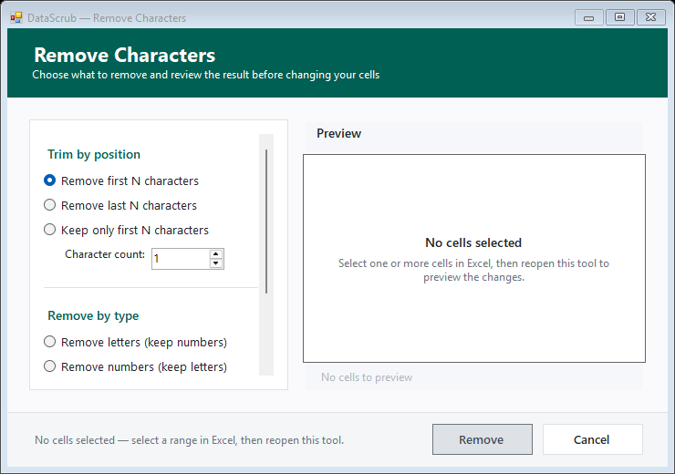 Remove Characters two-pane dialog