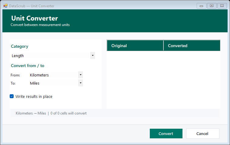 Unit Converter options and preview