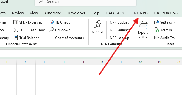 NonprofitReports ribbon tab in Excel
